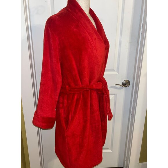 Lauren Ralph Red Plush Robe Bathrobe Monogram Logo Womens Size M Soft Cozy Shawl - Picture 2 of 7